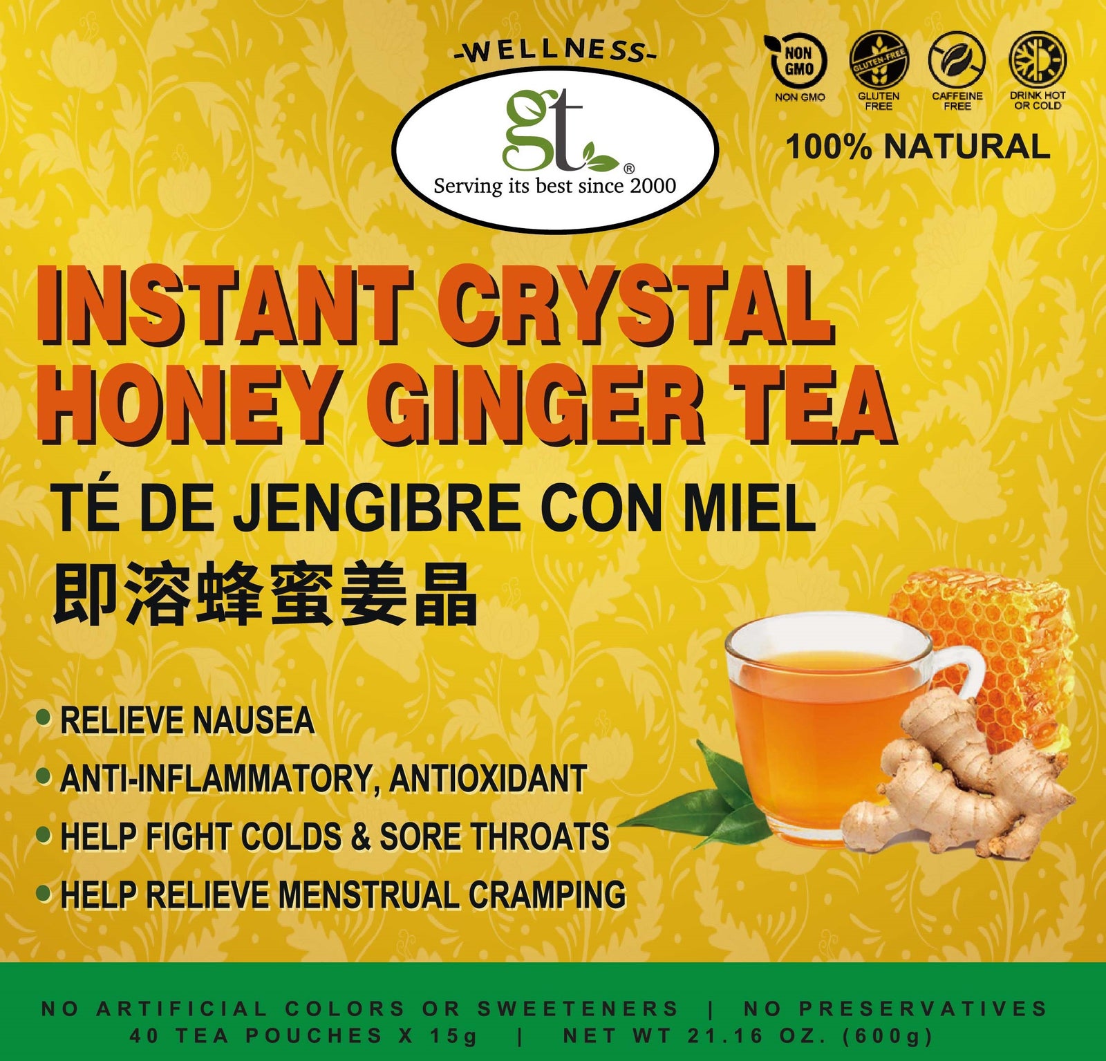 Instant Crystal Honey Ginger Tea (40 Tea Pouches)