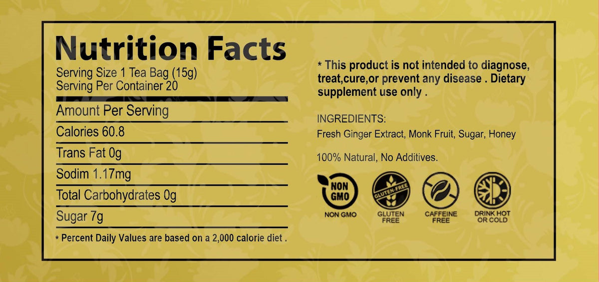 Instant Ginger Tea With Monk Fruit (20 Tea Pouches)